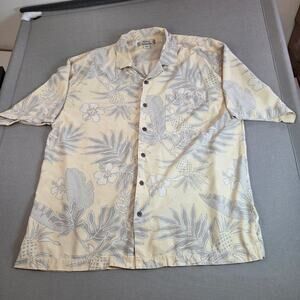 Tommy Bahama Silk Camp Shirt XL Beige Gray Tropical Leaf Print Button Up
